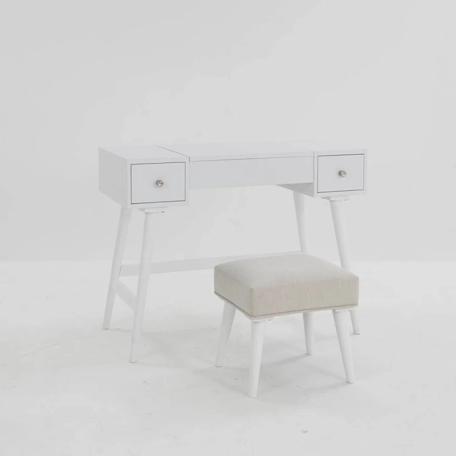 Signature Design by Ashley Thadamere Modern Glam White Bedroom Vanity Set with Stool, Elegant Dressing Table
