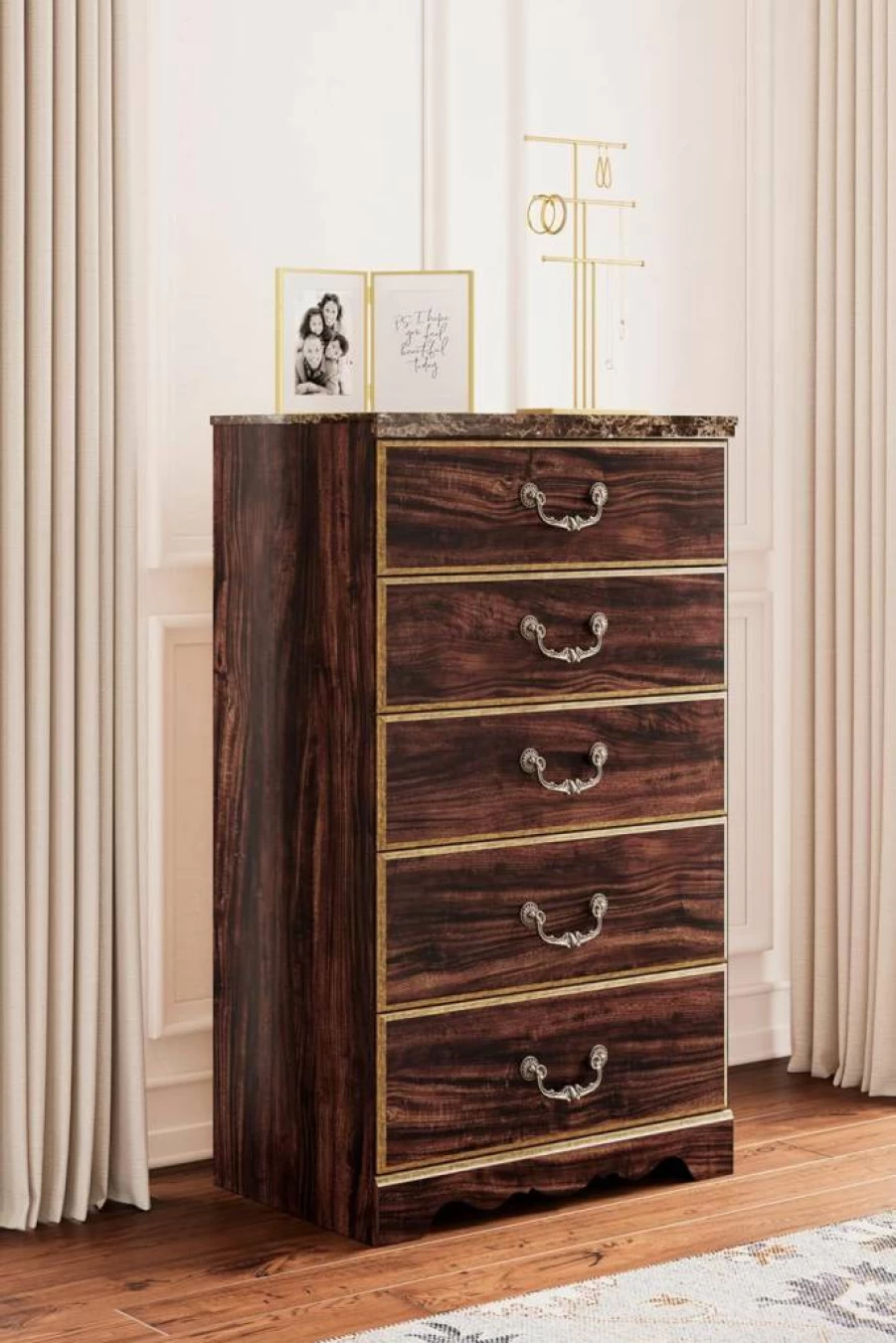 Signature Design by Ashley Glosmount 5-Drawer Chest with Safety Stop, Dark Brown & Yellow Traditional Dresser
