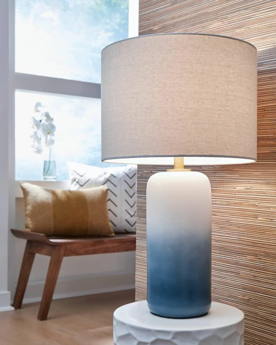 Signature Design by Ashley Lemrich 25.63" Coastal Ceramic Table Lamp - White & Blue Beach Style Decor