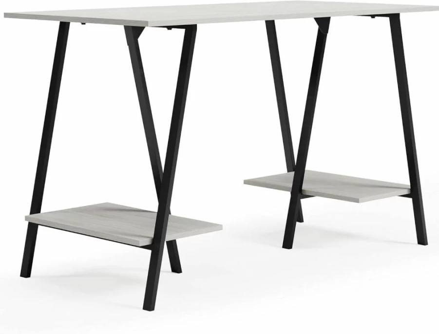 Signature Design by Ashley Bayflynn Modern Office Desk - White & Black Drafting Table with Sturdy Sawhorse Legs for Home & Workspace
