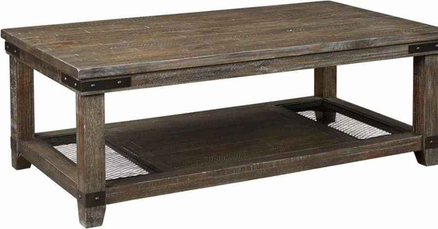 Signature Design by Ashley Danell Rustic Brown Rectangular Coffee Table with Iron Accents - Distressed Wood & Metal Base