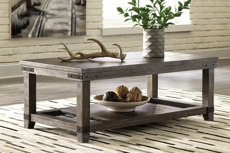 Signature Design by Ashley Danell Rustic Brown Rectangular Coffee Table with Iron Accents - Distressed Wood & Metal Base