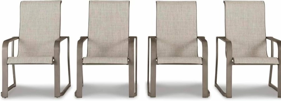 Signature Design by Ashley Light Brown Faux Leather Outdoor Stackable Sling Chair, Set of 4, Beach Front Casual Armchair