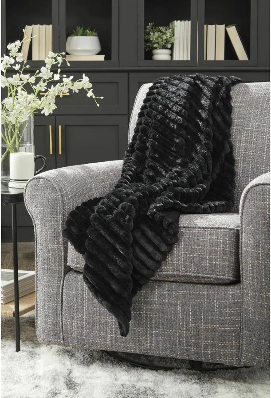 Signature Design by Ashley Alsonwell Modern Black Faux Fur Throw Blanket - Striped Soft Machine Washable Decorative Throw