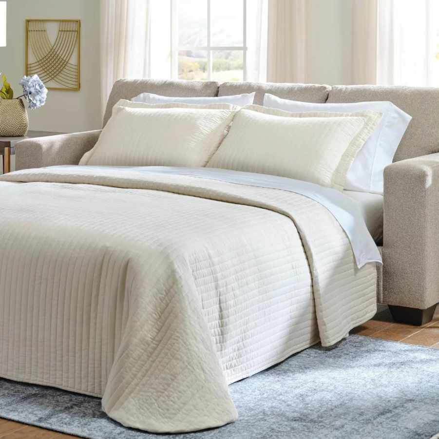 Signature Design by Ashley Deltona Queen Sleeper Sofa with Gel Memory Foam Mattress, Contemporary 2-in-1 Convertible Couch with Accent Pillows, Beige Fabric