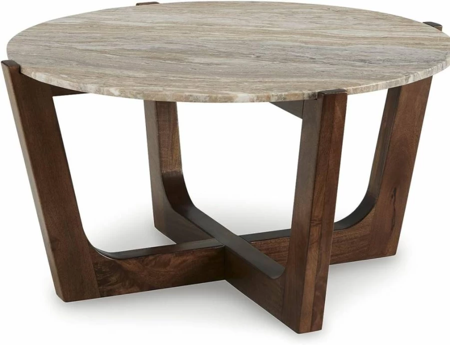 Signature Design by Ashley Tanidore Dark Brown Mango Wood Coffee Table with Beige Marble Top - Casual Solid Wood Living Room Furniture