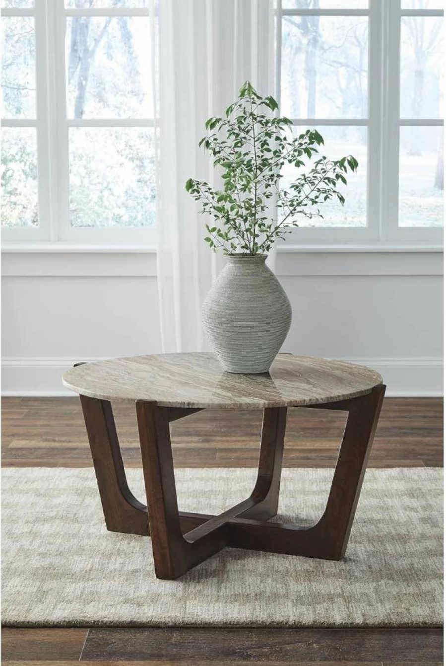 Signature Design by Ashley Tanidore Dark Brown Mango Wood Coffee Table with Beige Marble Top - Casual Solid Wood Living Room Furniture