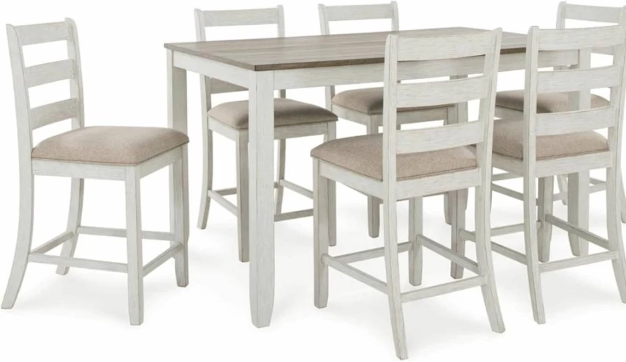 Signature Design by Ashley Skempton Modern Farmhouse 7-Piece Counter Height Dining Set with White & Light Brown Upholstered Bar Stools