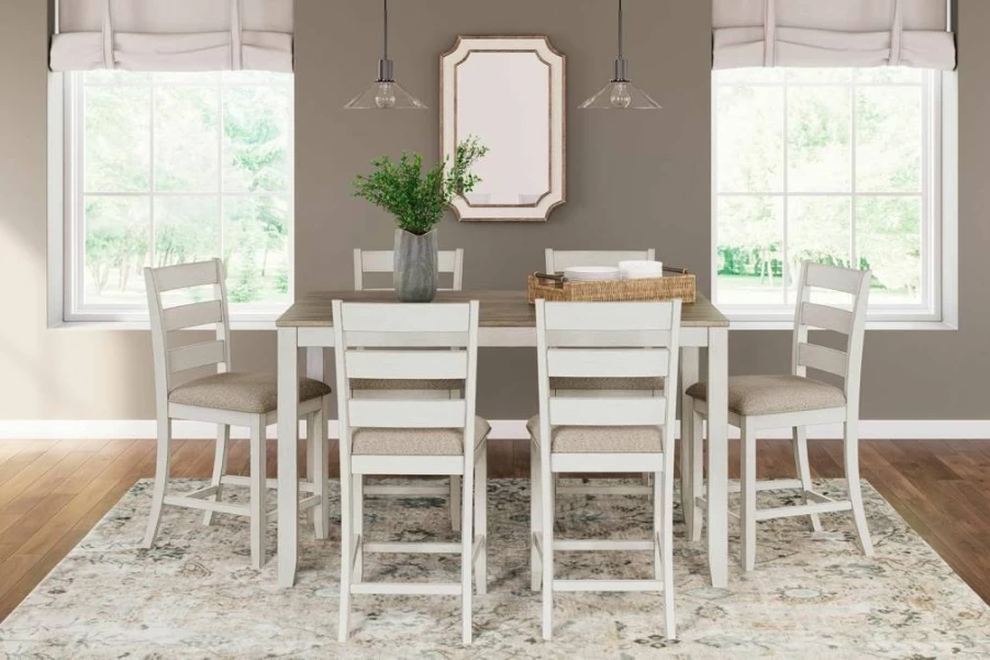 Signature Design by Ashley Skempton Modern Farmhouse 7-Piece Counter Height Dining Set with White & Light Brown Upholstered Bar Stools