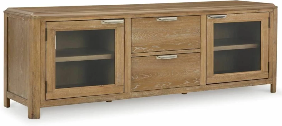Signature Design by Ashley Rencott 80" Modern TV Stand with Adjustable Shelves, Cabinets & Cord Management, Light Brown Finish for TVs Up to 91