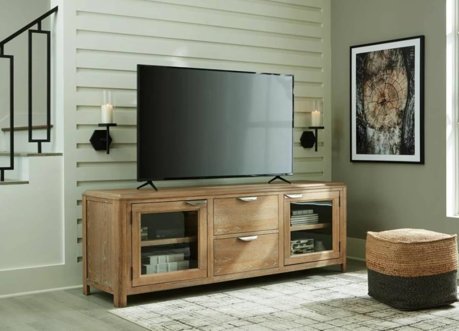 Signature Design by Ashley Rencott 80" Modern TV Stand with Adjustable Shelves, Cabinets & Cord Management, Light Brown Finish for TVs Up to 91