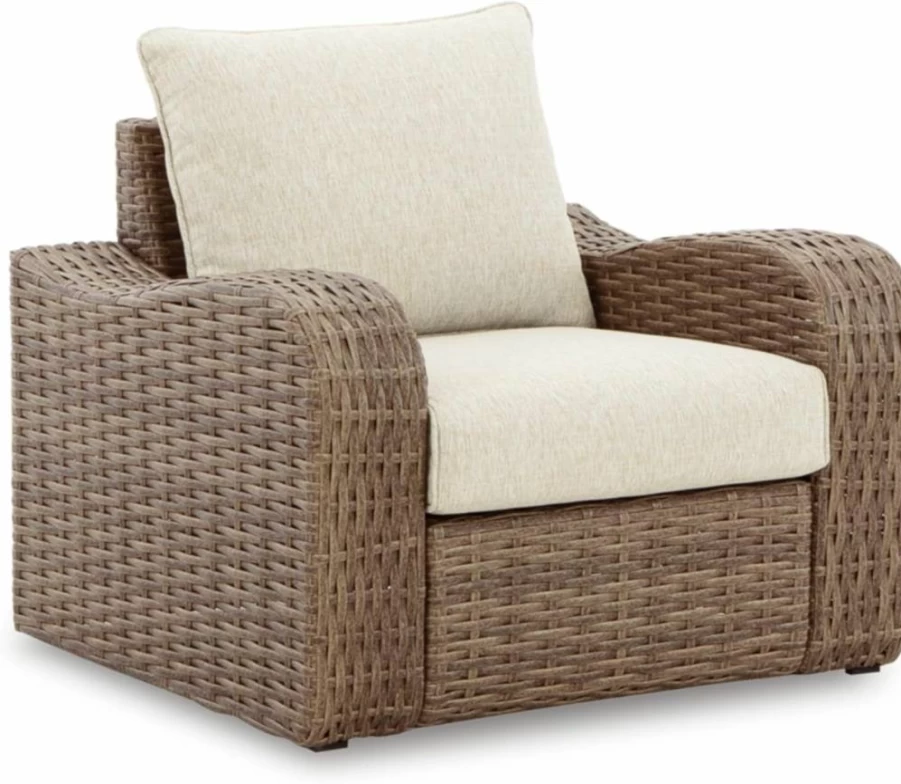 Signature Design by Ashley Sandy Bloom Light Brown & Beige Outdoor Resin Wicker Lounge Chair with Cushion - Casual Patio Furniture