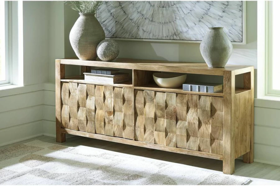 Signature Design by Ashley Hudwick Farmhouse Light Brown 4-Door Accent Cabinet with 2 Adjustable Shelves, Rustic Storage Furniture