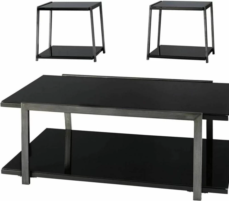Signature Design by Ashley Rollynx Modern 3-Piece Coffee Table Set with 2 End Tables, Black Contemporary Living Room Furniture