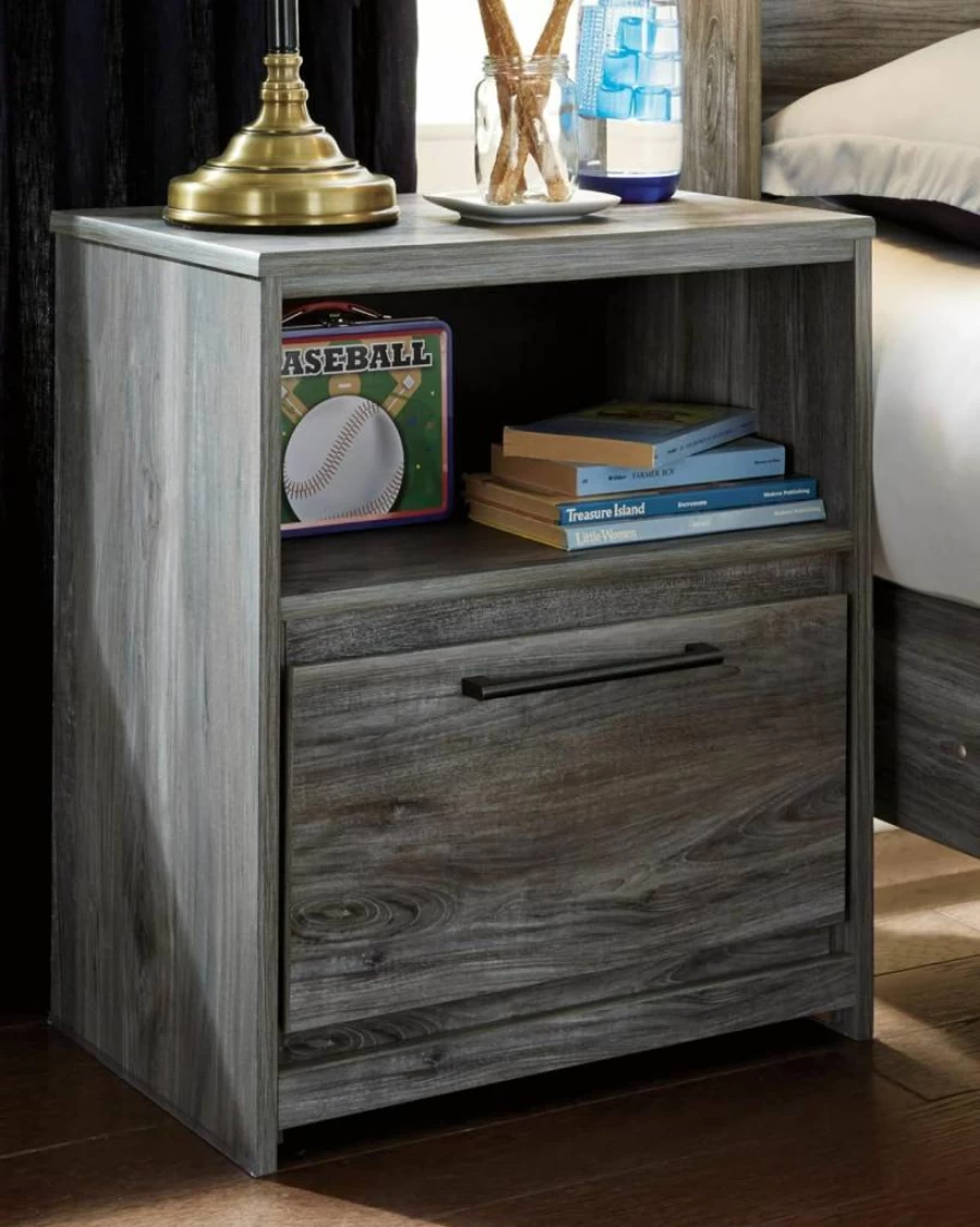 Signature Design by Ashley Baystorm Coastal Nightstand with USB Charging Stations, 1 Drawer & Open Cubby, Smoky Gray, 24.45" Height