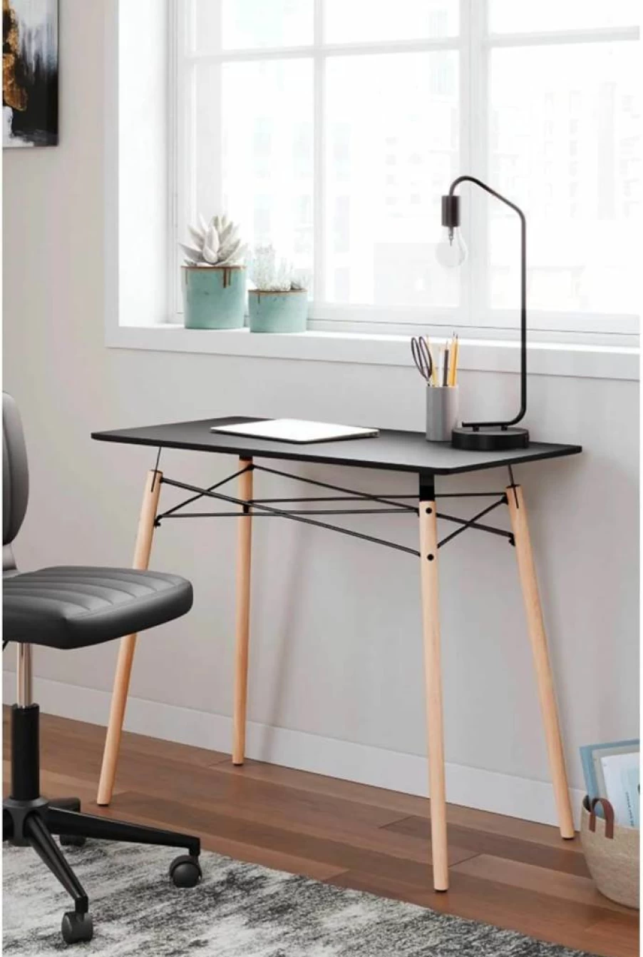 Signature Design by Ashley Jaspeni Industrial Home Office Desk - Modern Black & Light Brown Wood Writing Desk for Small Spaces