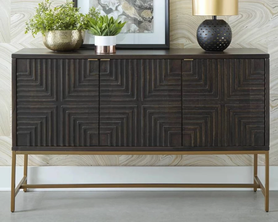 Signature Design by Ashley Elinmore Mid-Century Modern Accent Cabinet - Brown & Gold Stylish Storage for Living Room, Bedroom or Office