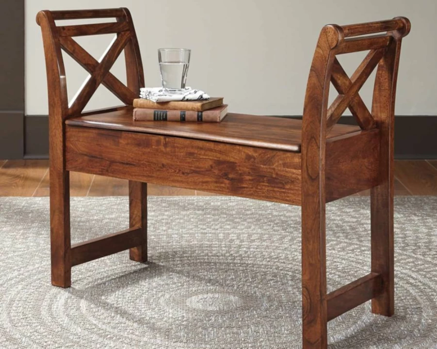 Signature Design by Ashley Abbonto Brown Accent Storage Bench, 35.1" Wide Upholstered Seat with Warm Finish, 13.2" Depth, 28.5" Height, Casual Living Room Furniture