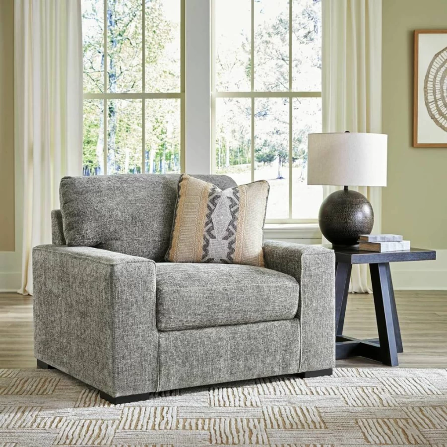 Signature Design by Ashley Dunmor Contemporary Oversized Upholstered Chair with Pillow, Gray Modern Living Room Accent Seat