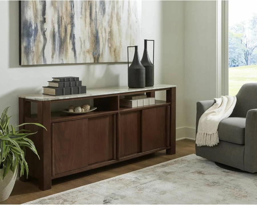 Signature Design by Ashley Tobinville Dark Brown 4-Door Accent Cabinet with Fixed Shelves, Contemporary Storage Furniture