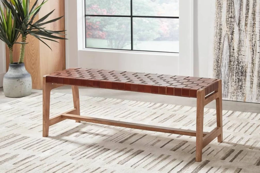 Signature Design by Ashley Lemmodern Upholstered Accent Bench in Light Brown - Contemporary Style