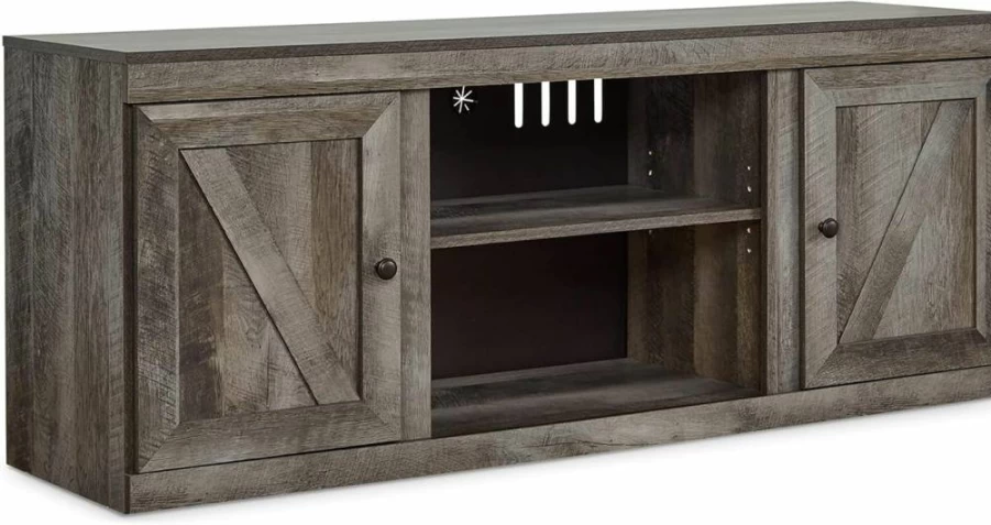 Signature Design by Ashley Bellaby Farmhouse TV Stand with Fireplace Option, Whitewash Finish, Fits 60-Inch TVs, Rustic Living Room Furniture