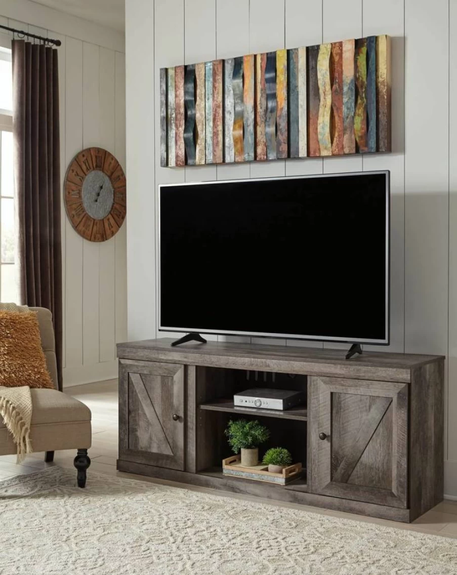 Signature Design by Ashley Bellaby Farmhouse TV Stand with Fireplace Option, Whitewash Finish, Fits 60-Inch TVs, Rustic Living Room Furniture