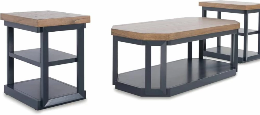 Signature Design by Ashley Landocken 3-Piece Light Brown & Blue Contemporary Rolling Occasional Table Set with Open Shelves