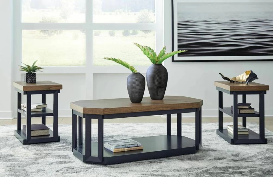 Signature Design by Ashley Landocken 3-Piece Light Brown & Blue Contemporary Rolling Occasional Table Set with Open Shelves