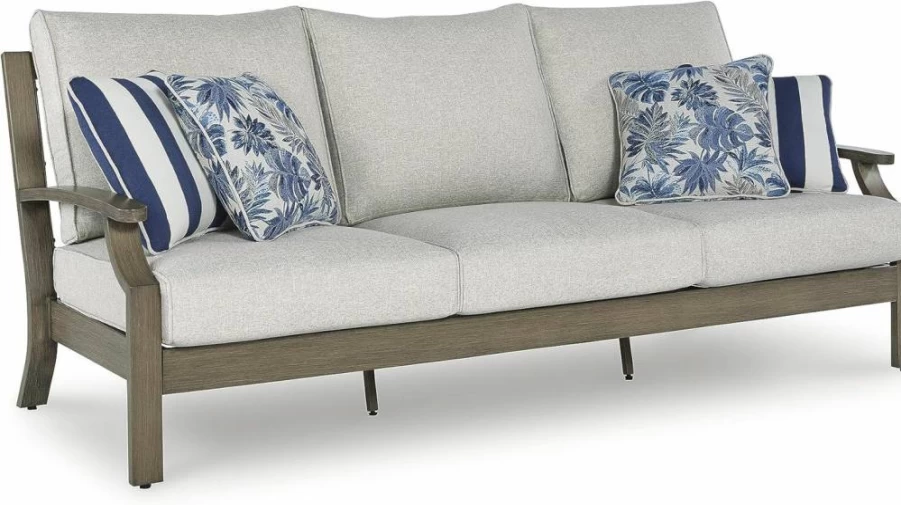 Signature Design by Ashley Rainier Ranch Outdoor Sofa Set with Weather-Resistant Cushions & 4 Accent Pillows, Light Brown & Gray Patio Furniture