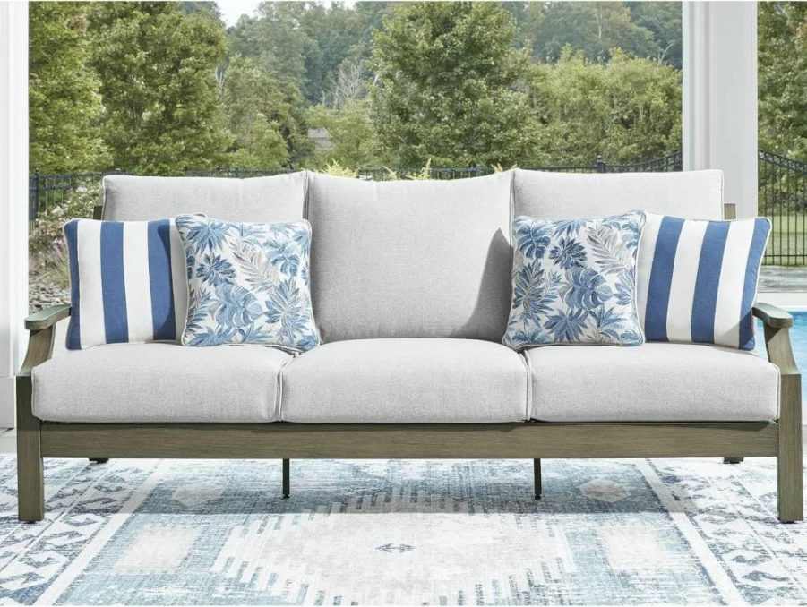 Signature Design by Ashley Rainier Ranch Outdoor Sofa Set with Weather-Resistant Cushions & 4 Accent Pillows, Light Brown & Gray Patio Furniture