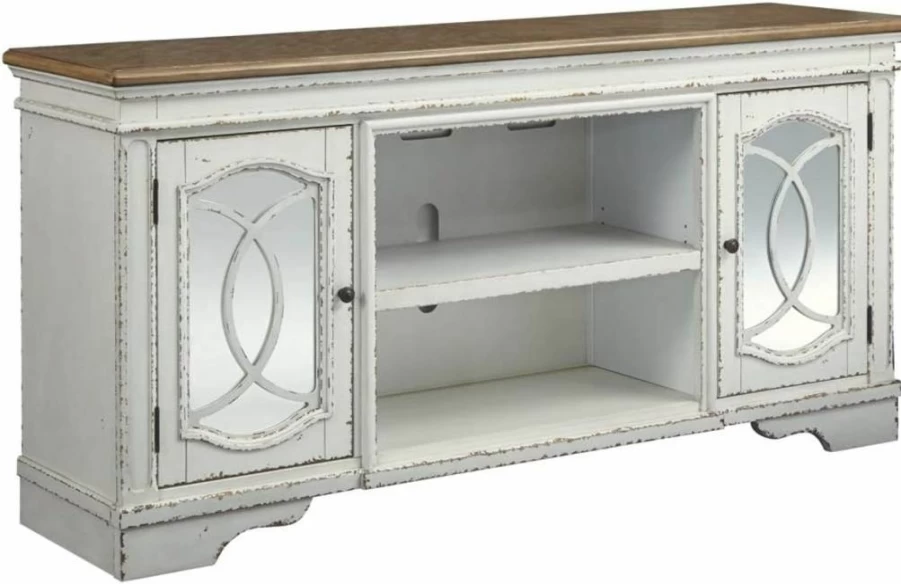 Signature Design by Ashley Realyn Farmhouse TV Stand for 72" TVs with Fireplace Option, 2 Cabinet Doors, Adjustable Shelf in White & Rustic Brown