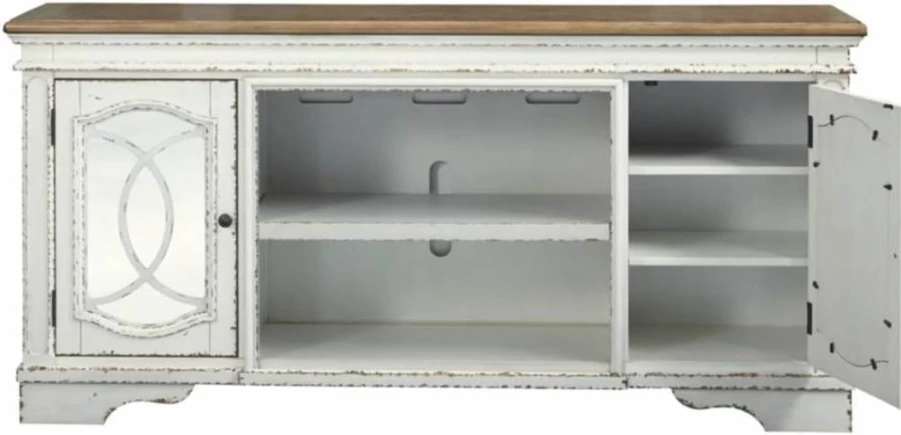 Signature Design by Ashley Realyn Farmhouse TV Stand for 72" TVs with Fireplace Option, 2 Cabinet Doors, Adjustable Shelf in White & Rustic Brown