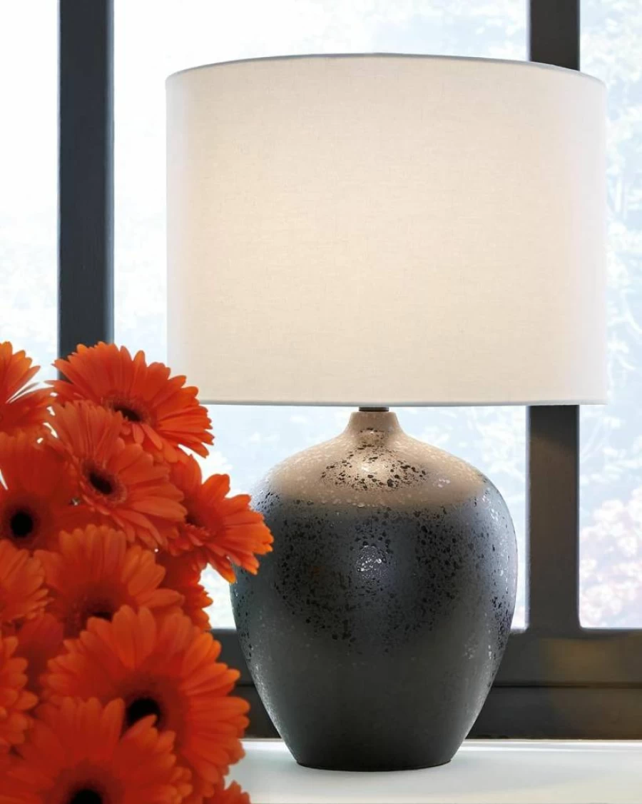 Signature Design by Ashley Ladstow Urban 22.5" Modern Ceramic Table Lamp in Black - Sleek Home Office Lighting