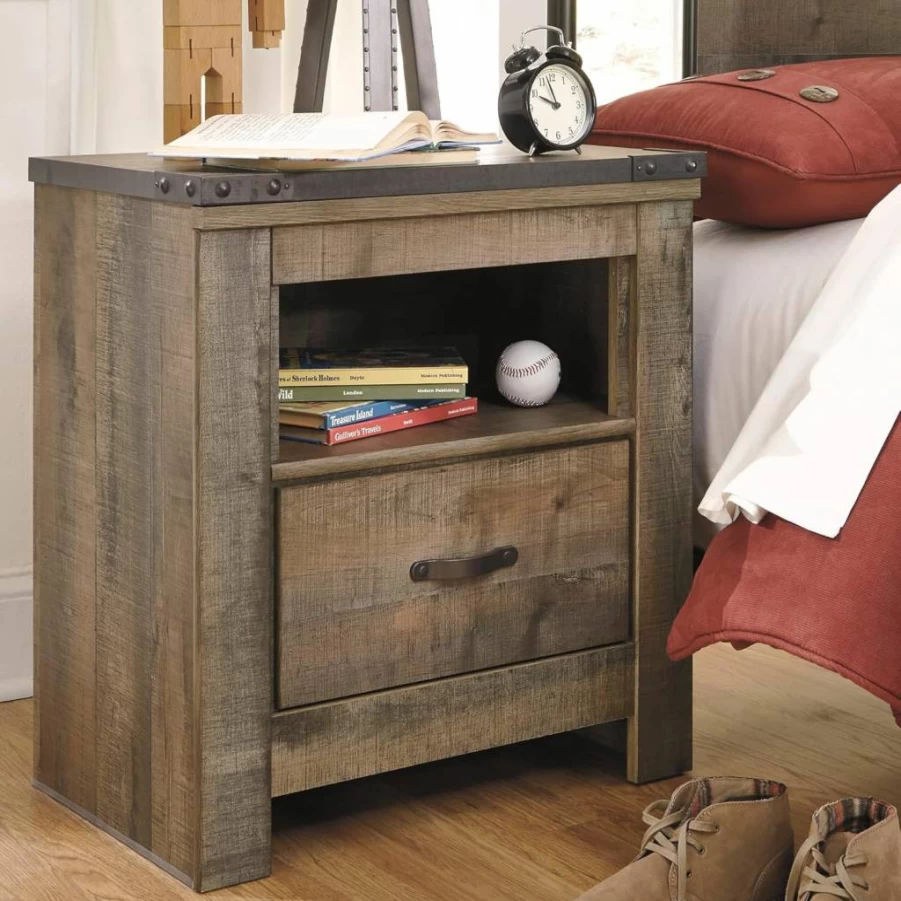Signature Design by Ashley Bellaby Whitewash Farmhouse Nightstand with USB Charging Station, 1 Drawer & Storage Cubby, 24.61" Tall