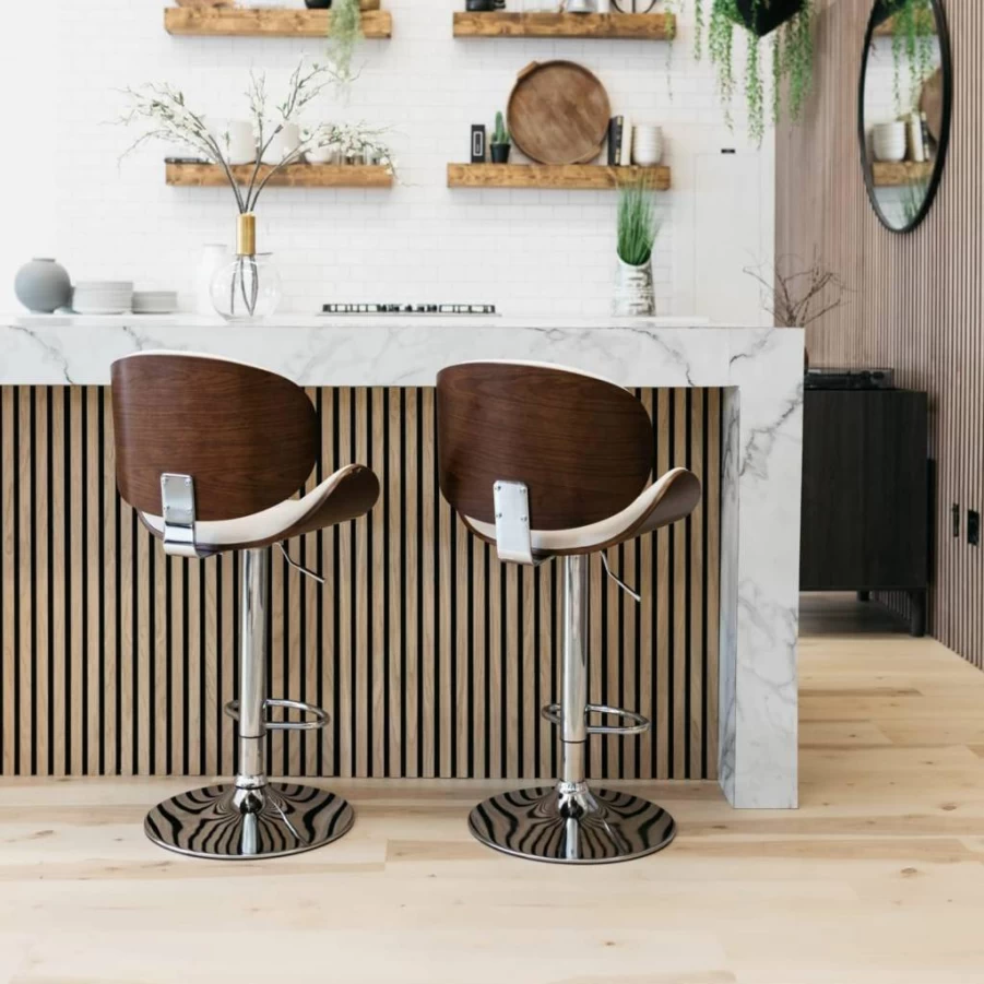 Signature Design by Ashley Bellatier 34" Adjustable Height Modern Curved Bar Stool - Mid-Century Brown & White Counter Stool for Kitchen & Dining