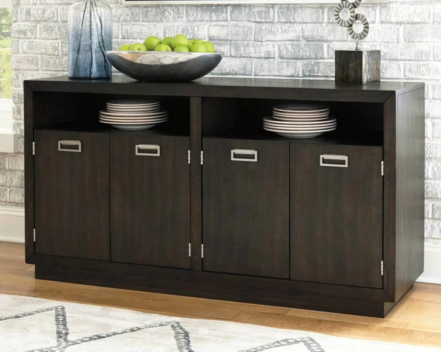Signature Design by Ashley Hyndell 60" Modern Dark Brown Buffet Cabinet for Dining Room Storage