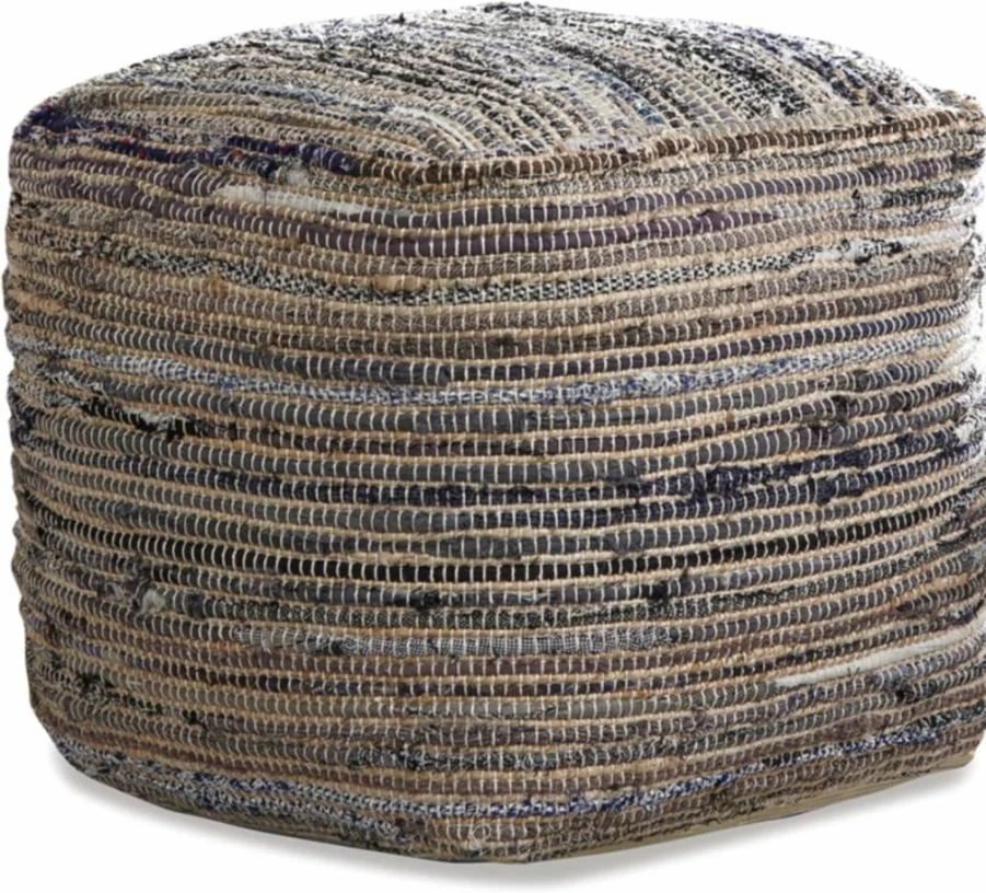 Signature Design by Ashley Blue and White Chevron Handwoven Pouf Ottoman - 18x18 Inch Square Decorative Accent Stool