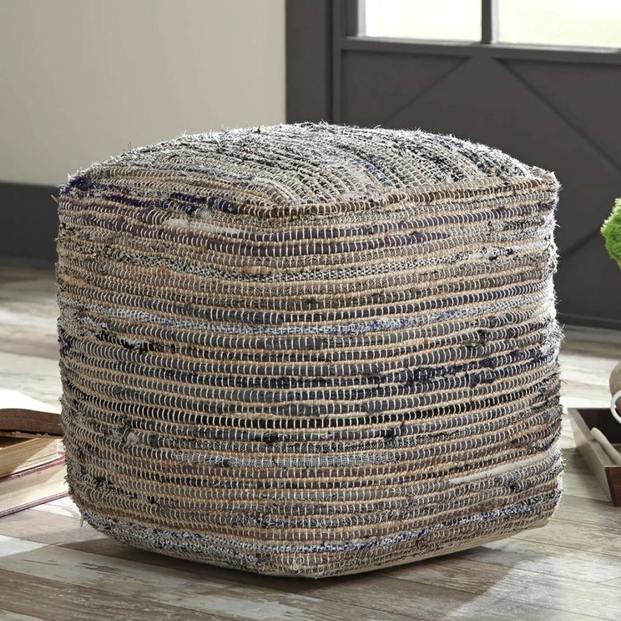 Signature Design by Ashley Blue and White Chevron Handwoven Pouf Ottoman - 18x18 Inch Square Decorative Accent Stool