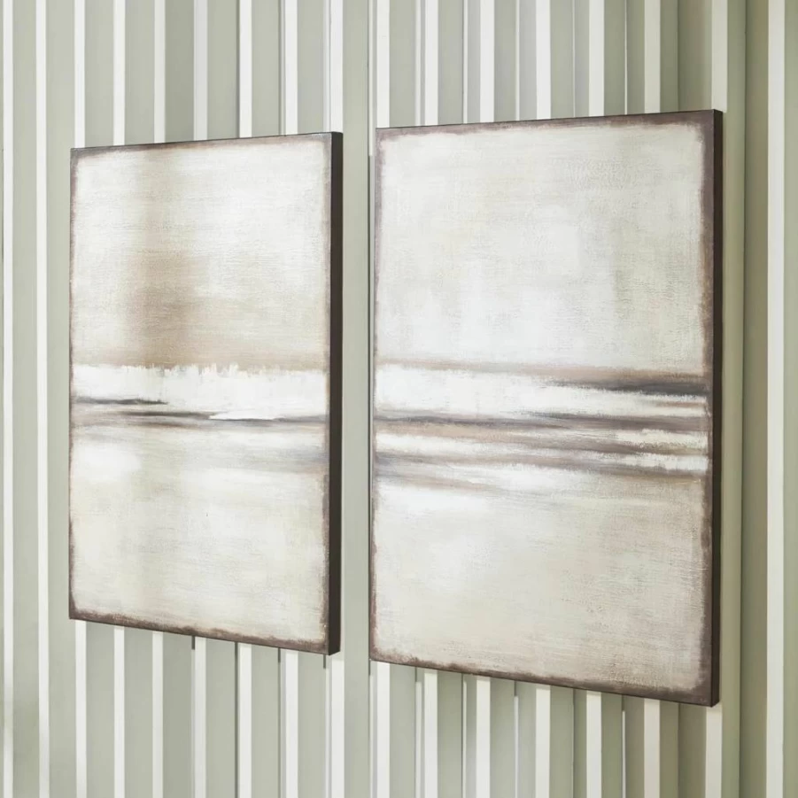 Signature Design by Ashley Brockdunn Modern Abstract Hand-Painted Canvas Wall Art Set of 2, 24x36 Inches, Beige & Light Brown, Framed Rectangular Decor