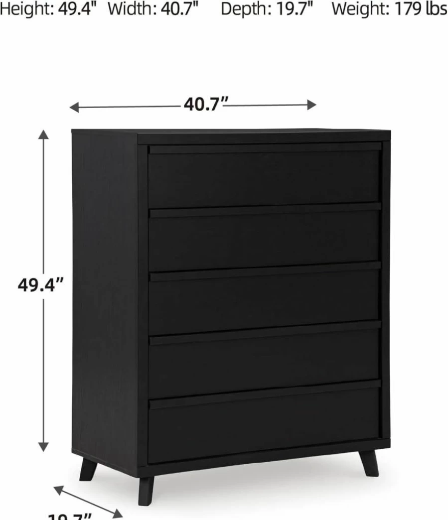 Signature Design by Ashley Danziar Modern 5-Drawer Wide Chest with Safety Stop, Black Dresser for Bedroom Storage
