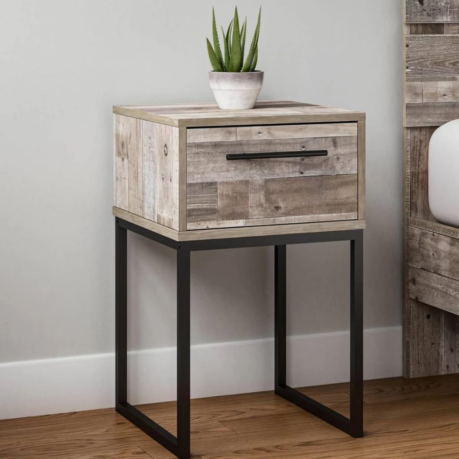Signature Design by Ashley Neilsville Industrial Gray & Black Nightstand with Metal Legs, 26" Height, 1-Drawer Bedside Table