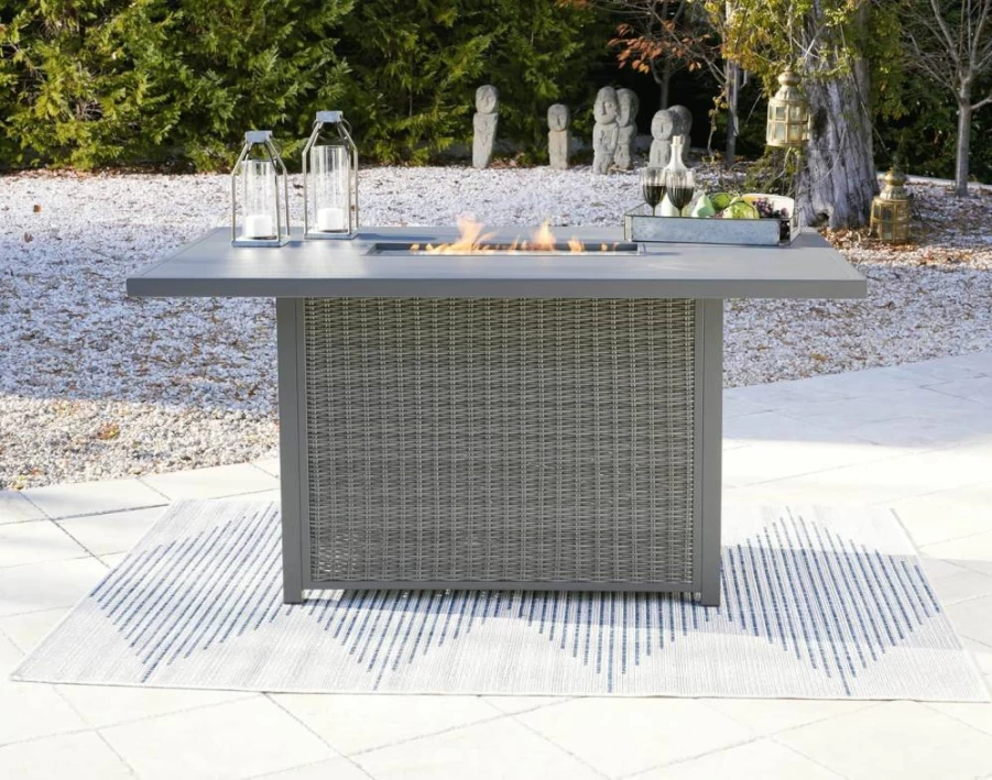 Signature Design by Ashley Gray Outdoor Palazzo Rectangular Bar Table with Fire Pit - Patio Dining & Entertainment