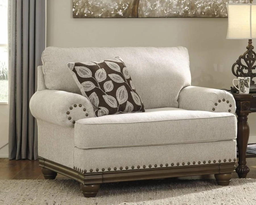 Signature Design by Ashley Harleson Modern Farmhouse Accent Chair and a Half with Nailhead Trim, Beige Upholstered Living Room Seat with Included Pillow