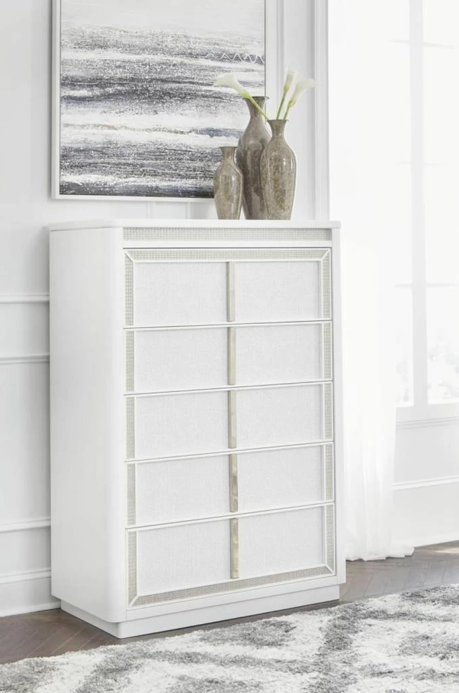 Signature Design by Ashley Chalanna White Contemporary Chest of Drawers with LED Lighting & Felt-Lined Top Drawer