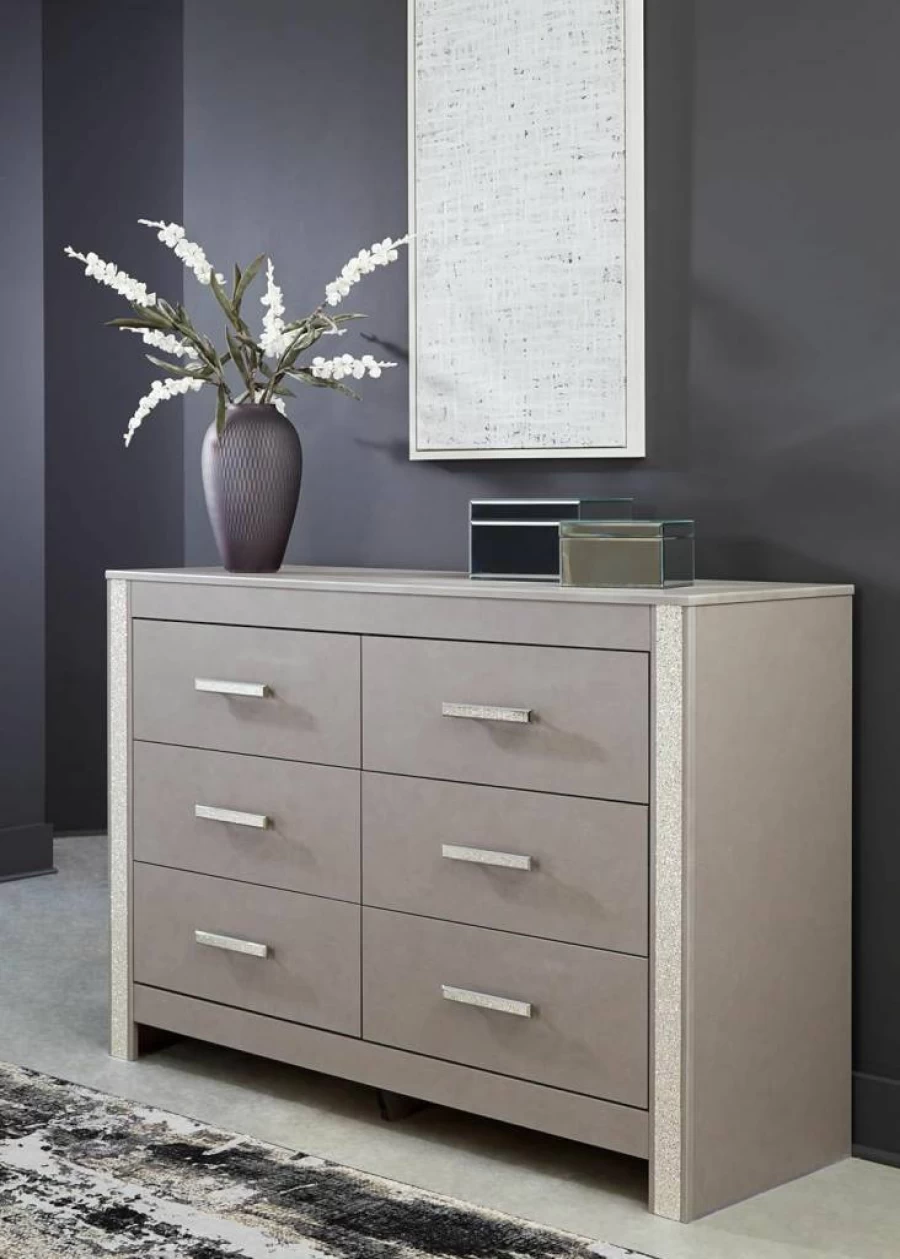 Signature Design by Ashley Surancha 6-Drawer Dresser - Modern Gray Chest for Bedroom with Safety Stop Mechanism