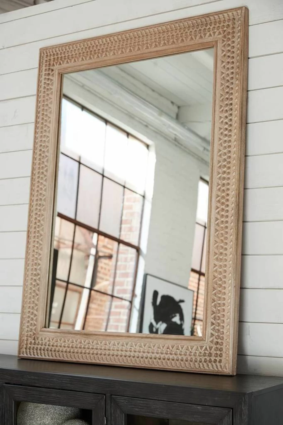 Signature Design by Ashley Belenburg 52" Brown Accent Mirror with Carved Details - Casual Modern Wall Decor