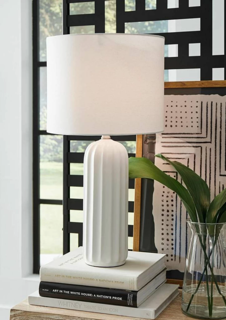 Signature Design by Ashley Clarkland Modern 24-Inch White Ceramic Table Lamp - Set of 2, Contemporary Lighting for Home Decor