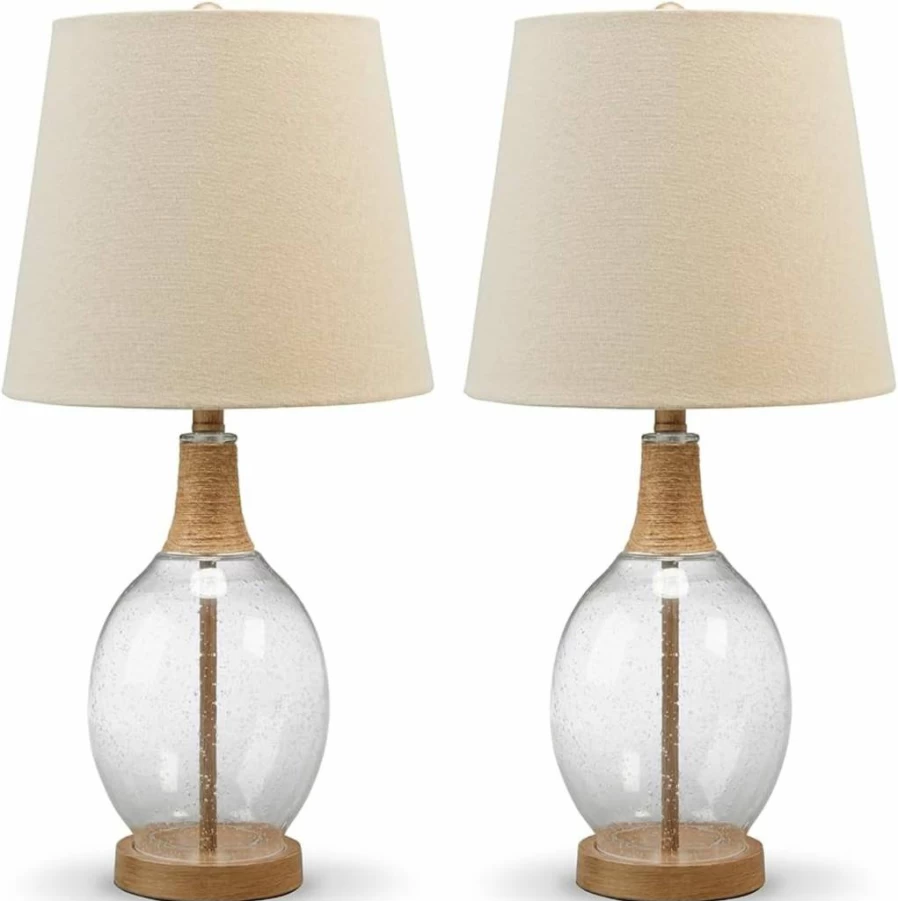 Signature Design by Ashley Clayleigh 23.5" Coastal Beige Glass Table Lamp Set - 2-Pack, Beach Style Lighting for Home Decor