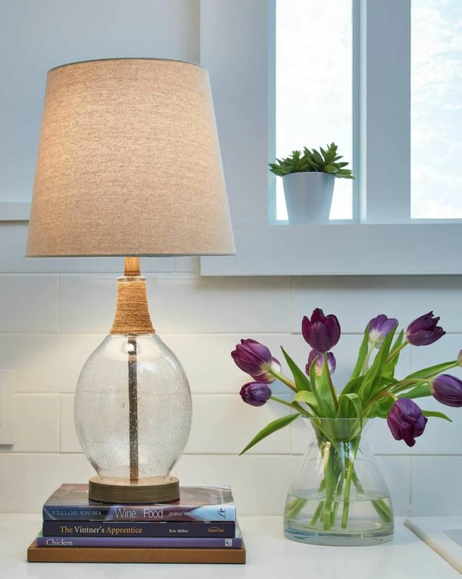 Signature Design by Ashley Clayleigh 23.5" Coastal Beige Glass Table Lamp Set - 2-Pack, Beach Style Lighting for Home Decor
